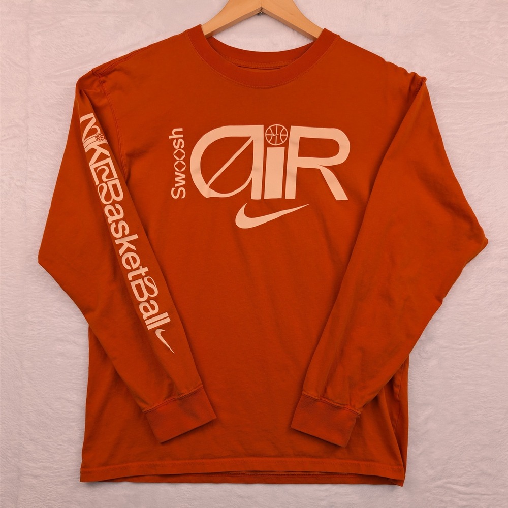 Nike Long Sleeve T-Shirt Mens M Orange Basketball Swoosh Air Graphic Streetwear